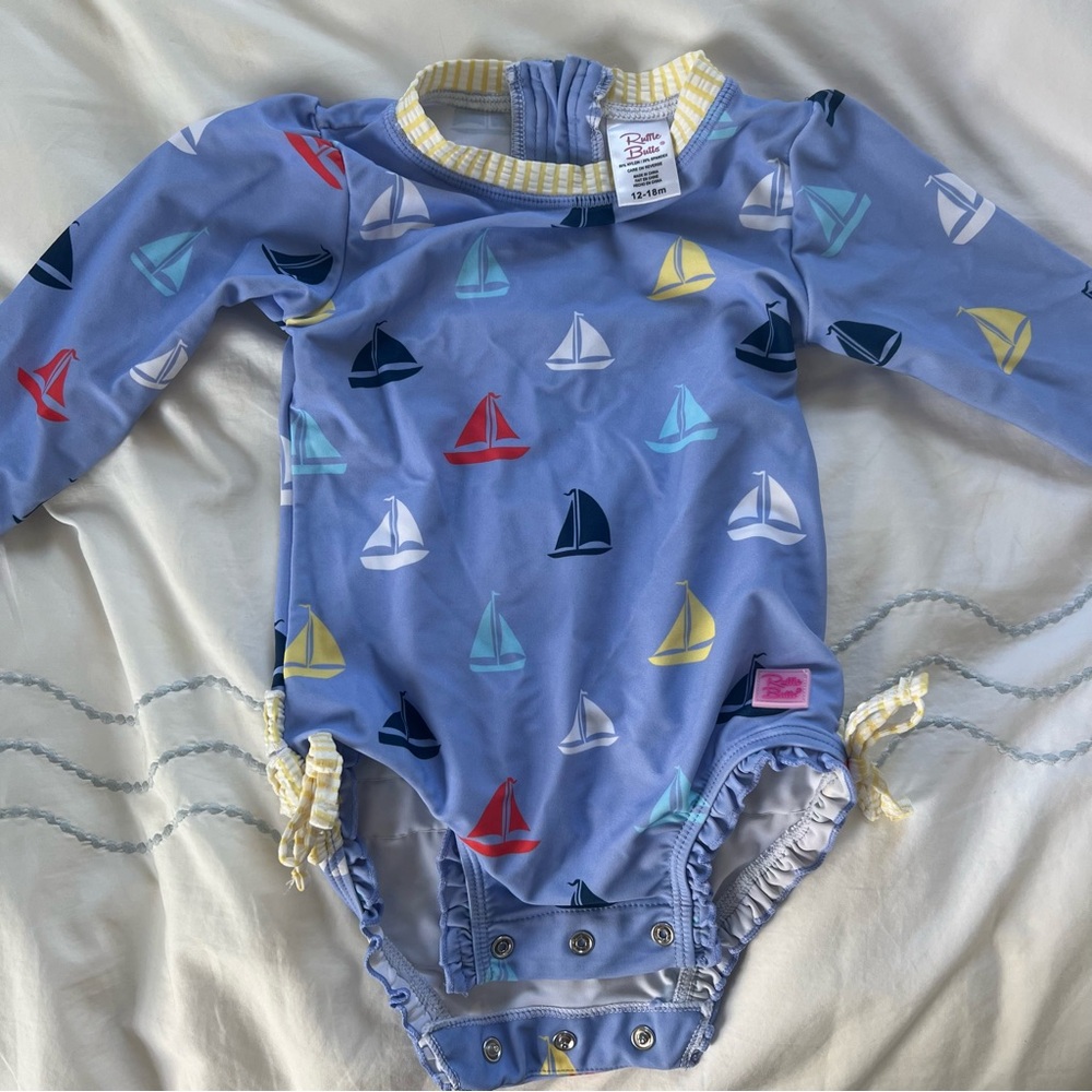 Ruffle Butts Blue Sailboat Kids Swim One Piece